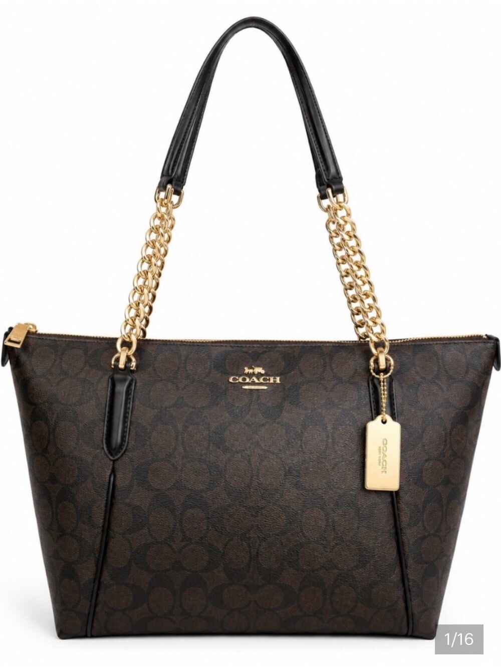 Coach Dark Brown Signature Tote with Black Straps & Gold Hardware